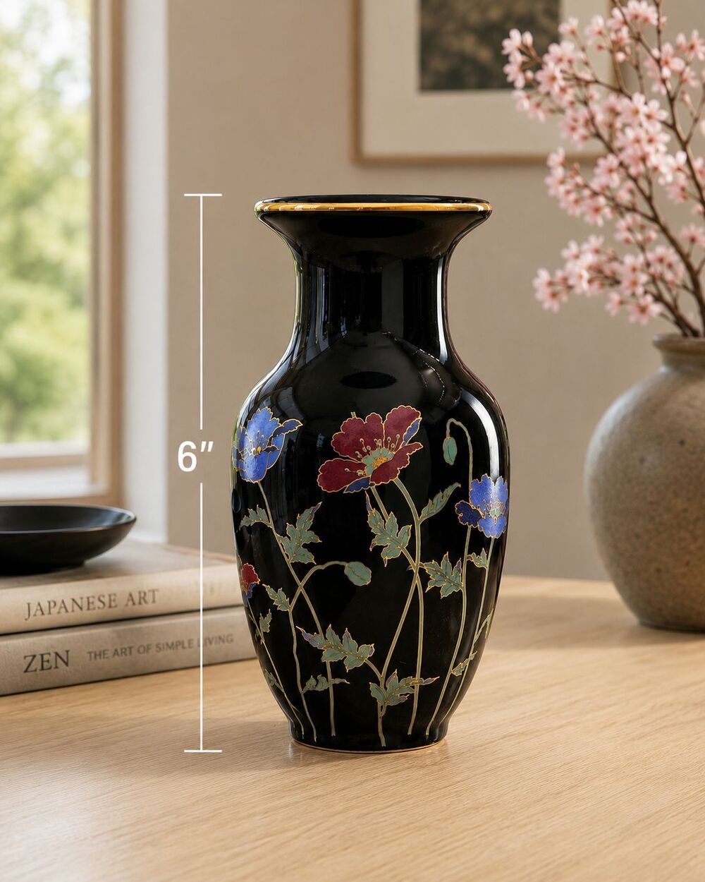 Japanese Black Floral Vase Gold Trim Poppy Design 6" Ceramic Vintage Japan